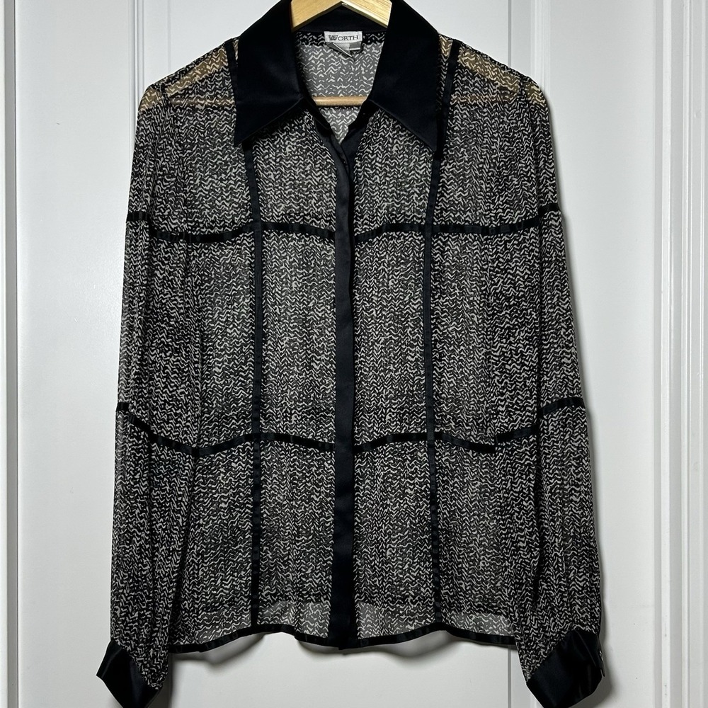 Worth Vintage 90s 100% Silk‎ Black Sheer Button Up Blouse Dark Academia Style